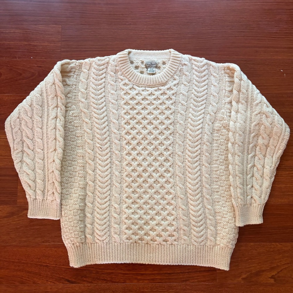 LL Bean Mens Fisherman Sweater XL Cream Wool Cable Knit Made in Ireland 245061